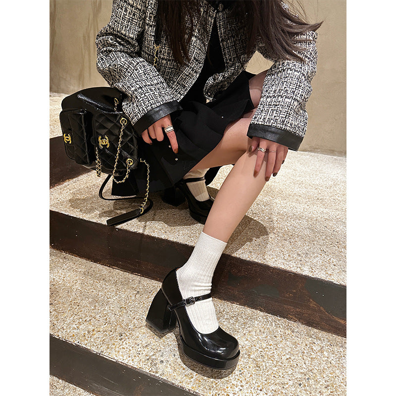 Black thick high heels2023New Style One-Strap Mary Jane Shoes Shallow Mouth Single Shoes for Women Round Toe