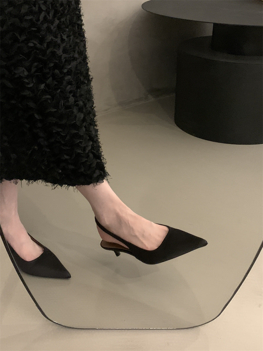 Niche high-end closed-toe sandals for women2024New Spring and Autumn Style Thin Heel Comfortable Pointed Toe Backless Single Shoes