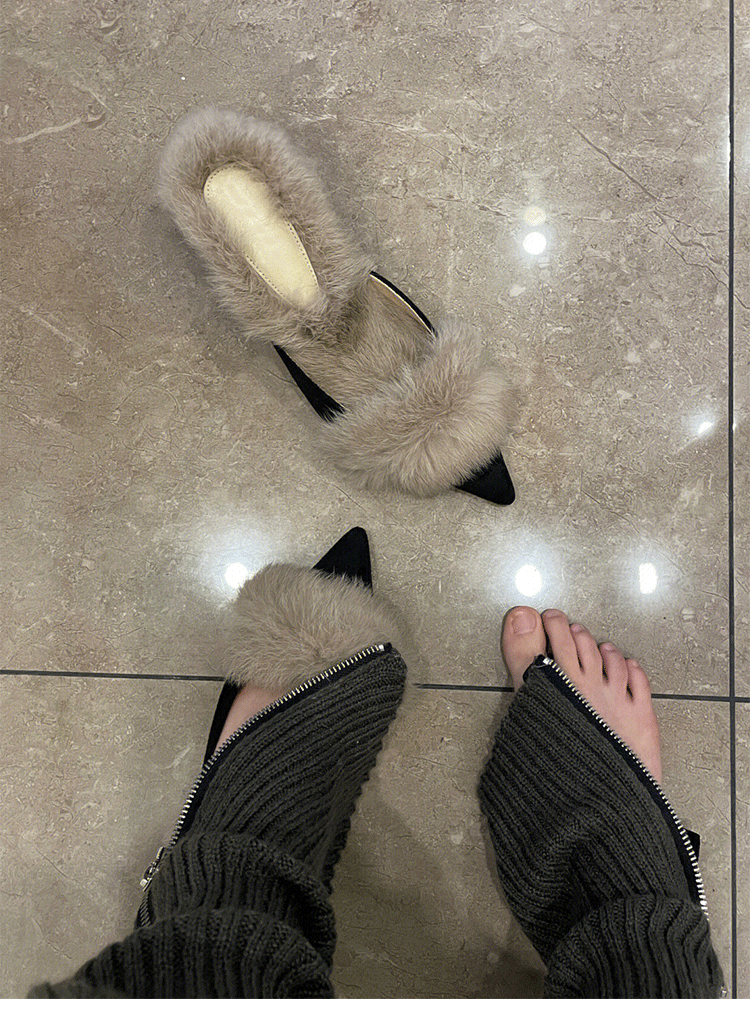 Autumn and Winter2024New Pointed Toe Furry Warm Thin Heel High Heel Mules Women Closed Toe Mules Slippers