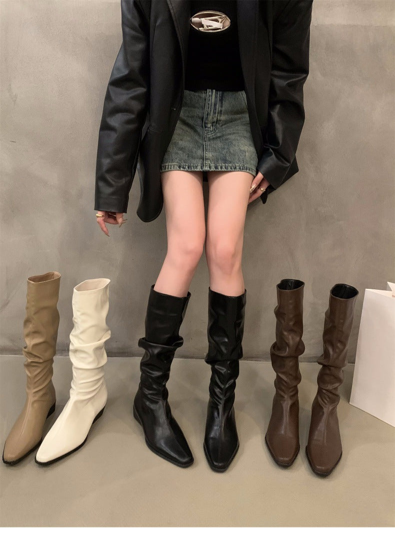Chunky Heel Ruched Slouchy Long Tube Riding Boots for Women2024New Spring and Autumn Western Slim Mid-Calf Long Boots