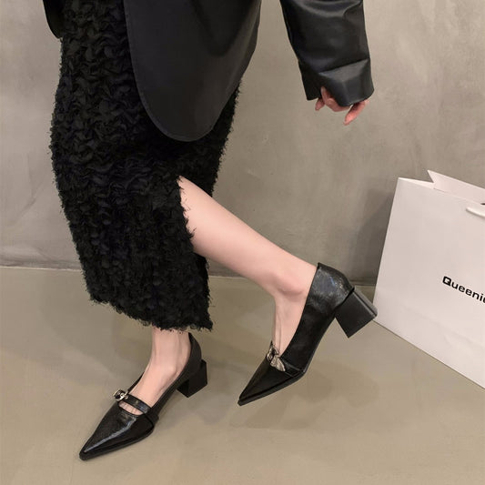 French Style Mary Jane Leather Shoes for Women2024New Spring Autumn Winter Black Pointed High Heels Single Shoes