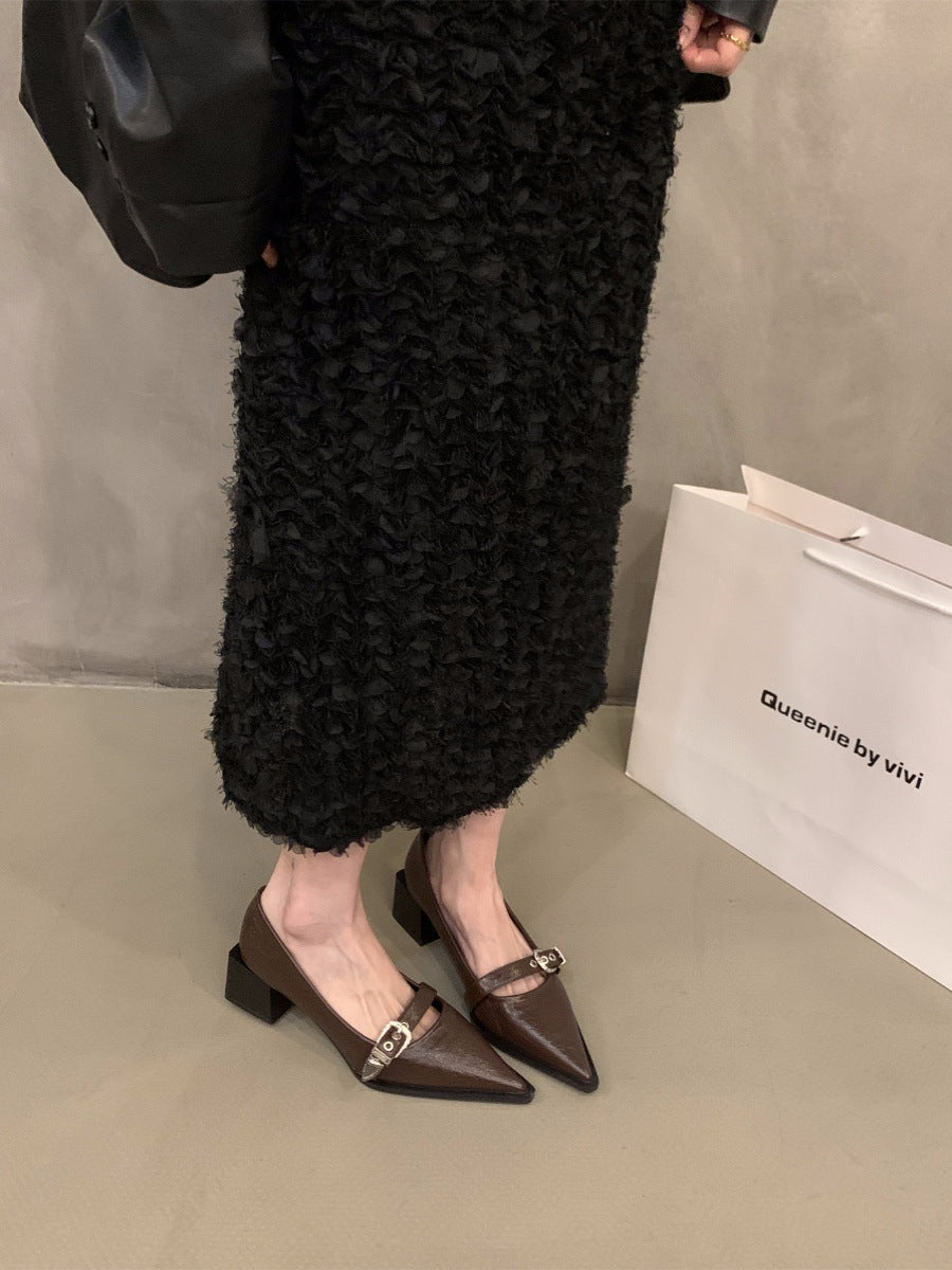 French Style Mary Jane Leather Shoes for Women2024New Spring Autumn Winter Black Pointed High Heels Single Shoes