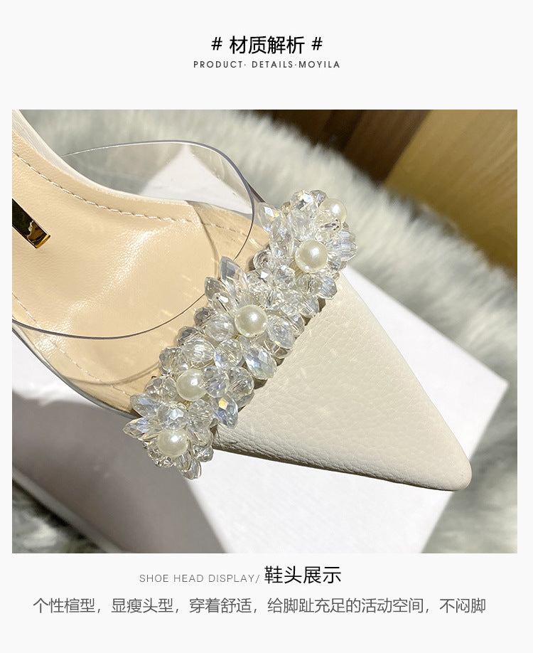 Women's Closed-Toe Sandals for Spring and Summer2023New Year's New French Transparent Pointed Toe Small Heel White High Heels Stiletto Single Shoes