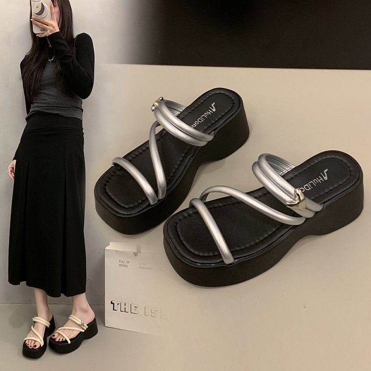 Solid Color Platform Sole Slippers PU Rubber mid-heel(3-5cm)