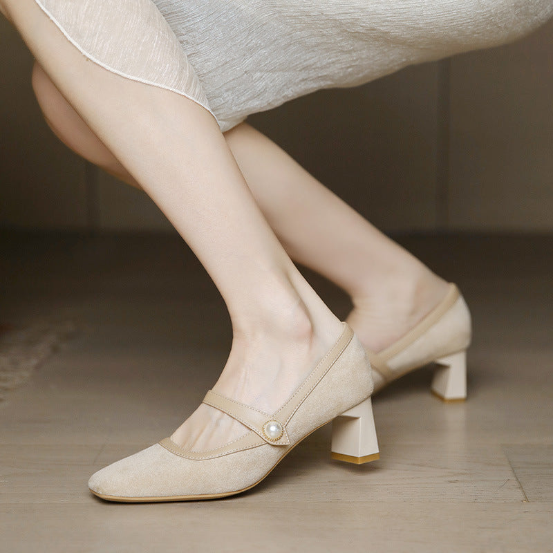 Mary Jane High Heels for Women, Chunky Heel, 2025 New Vintage Style, Versatile with Dresses, French Mid-Heel Square Toe Pumps for Women