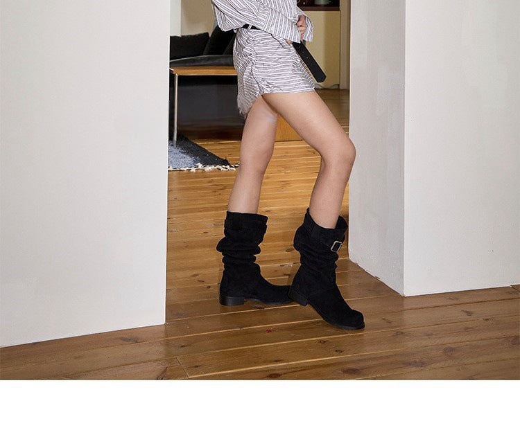 Long Boots for Women Retro Western Cowboy Boots Two-Way Short Boots Chunky Heel Riding Boots Ruched Slouch Boots