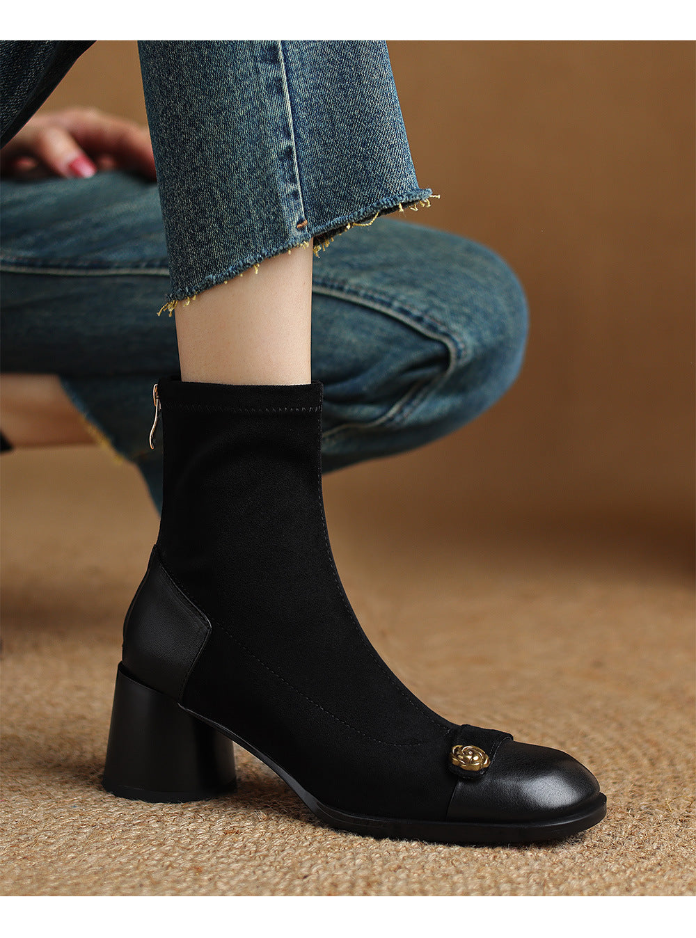 Patchwork Suede Camellia High Heel Chunky Heel Short Boots for Women Stretch Slim Boots Plus Size