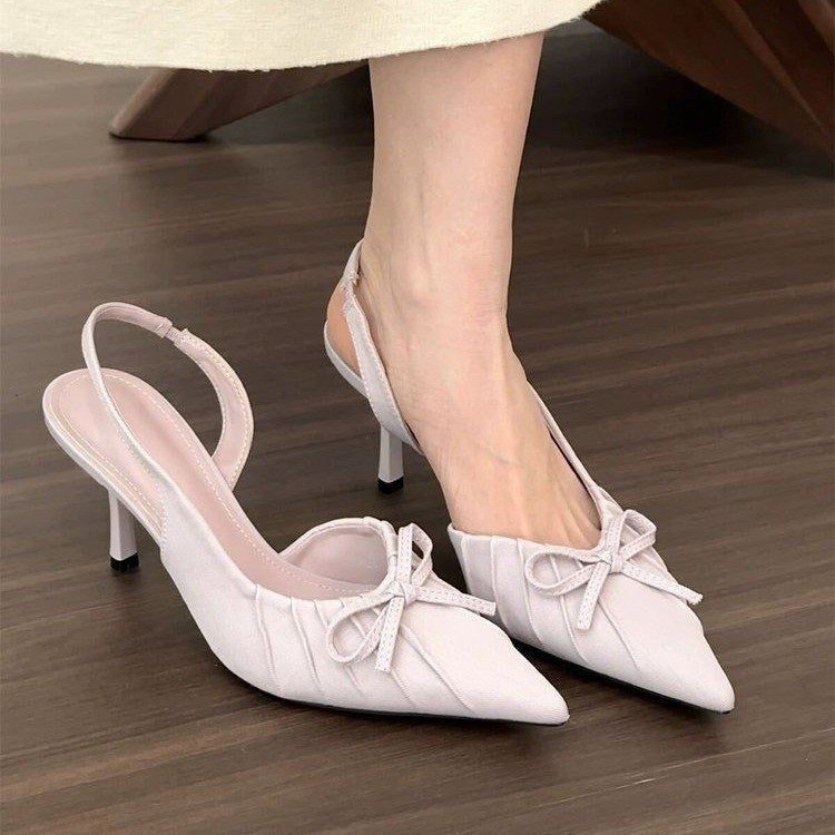 French Gentle•White Pleated Bow High Heels for Women Spring Backless Shallow Mouth
