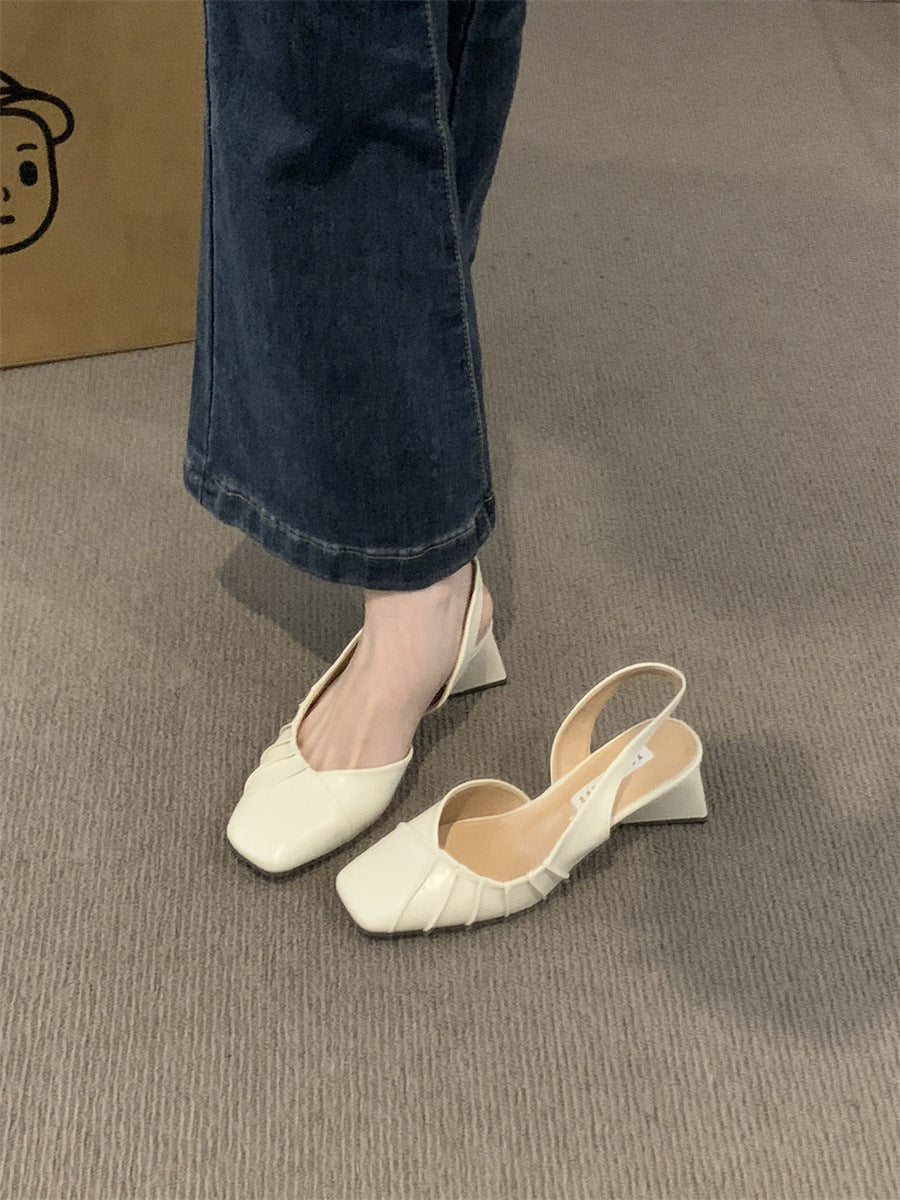2024Spring Summer New High Heel Closed Toe Backless Sandals Women's Shoes Chunky Heel Shallow Mouth French Gentle Style Single Shoes Women's Shoes