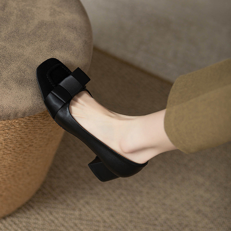 French style color-blocking high heels for women2024Spring and Autumn New Style Chunky Heel Bow Retro Mid-Heel Single Shoes
