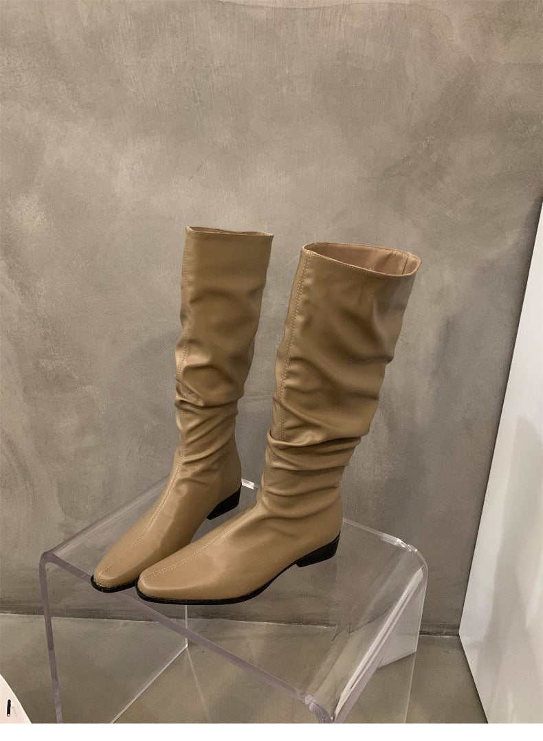 Chunky Heel Ruched Slouchy Long Tube Riding Boots for Women2024New Spring and Autumn Western Slim Mid-Calf Long Boots