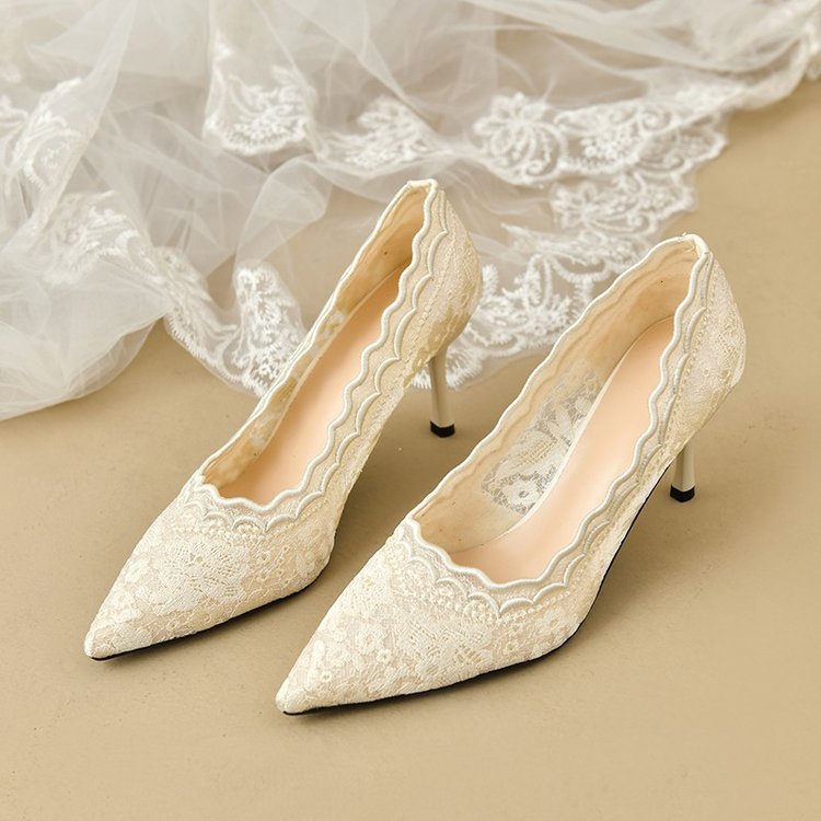 2025Spring and Autumn Lace White Single Shoes Wedding Bride Shoes Women Pointed Toe Thin Heel Hollow Embroidery Mesh High Heels