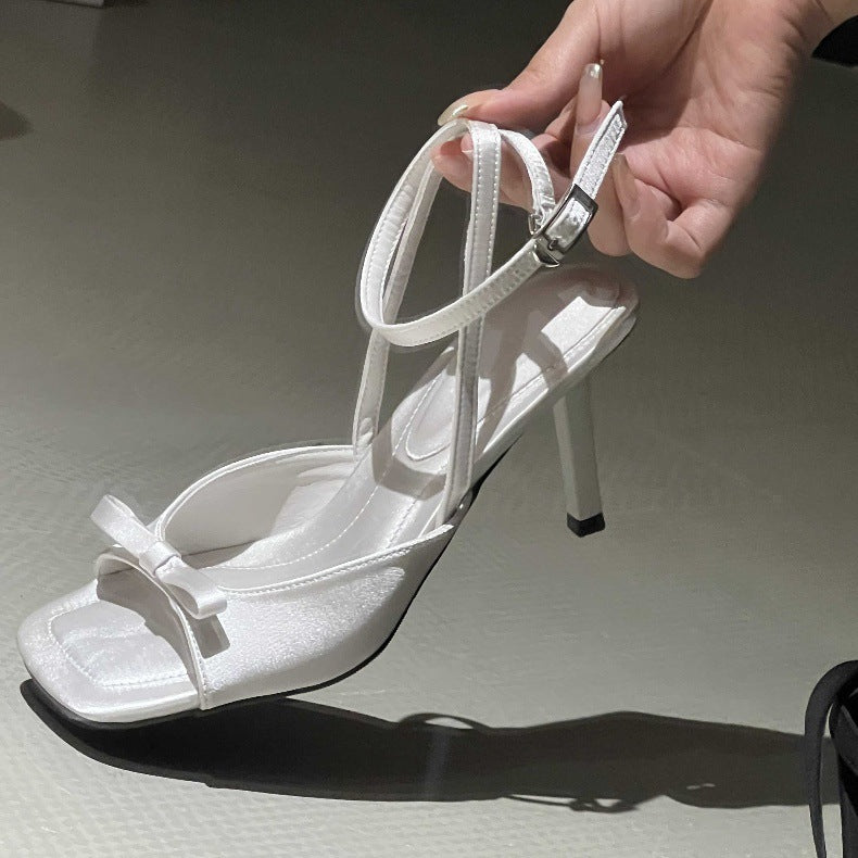 Ankle Strap silver Satin Bow High Heel Sandals Thin Heel Open Toe Women's Sandals Elegant