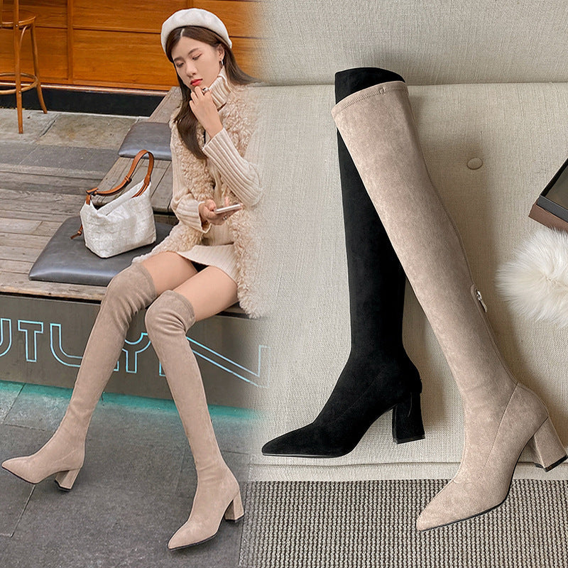 Long Boots for Women, Stretch Long Boots, Pointed Toe High Heel Boots, Over-the-Knee Boots, Suede High Boots, Khaki Color
