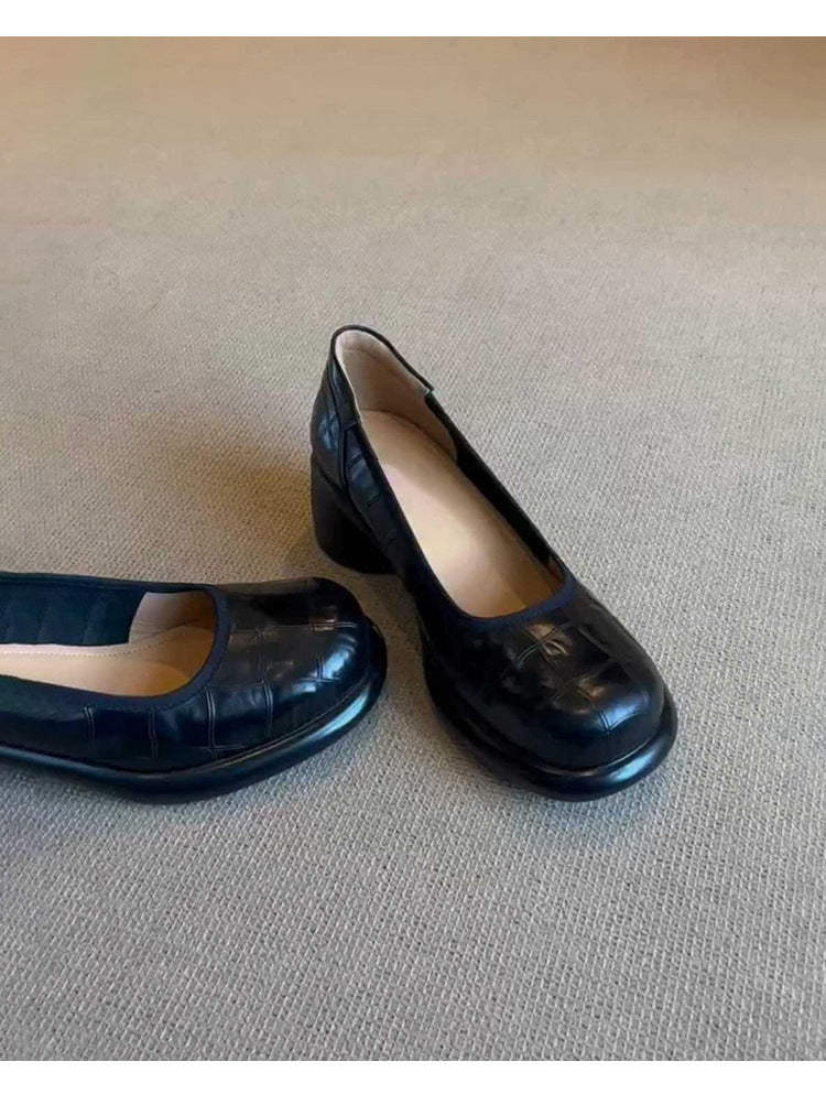 Vintage Shallow Mouth Single Shoes for Women, Round Toe, Chunky Heel, Slip-On Mary Jane Shoes, British Style Small Leather Shoes