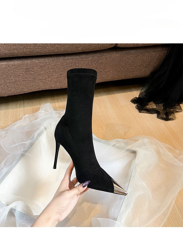 Black pointed toe stiletto high heel ankle boots for women2024New Autumn and Winter Elastic Slim Boots Mid-Calf Sock Boots Single Boots