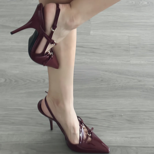 2024New Patent Leather One-Strap Cat Heel Closed-Toe Sandals Sexy Black Silk Pointed Toe Stiletto High Heels for Women