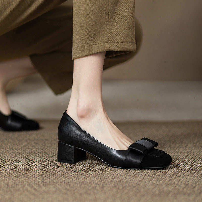French style color-blocking high heels for women2024Spring and Autumn New Style Chunky Heel Bow Retro Mid-Heel Single Shoes