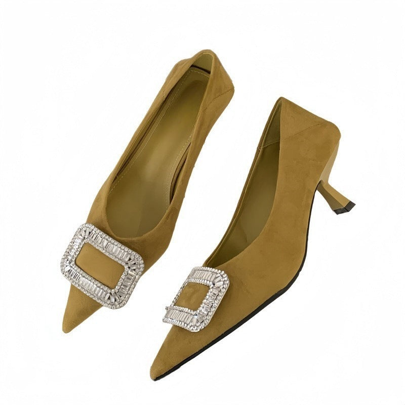 French pointed toe high heels stiletto single shoes for women2025Spring and Autumn New Style Cat Heel Elegant Rhinestone Black Work Shoes