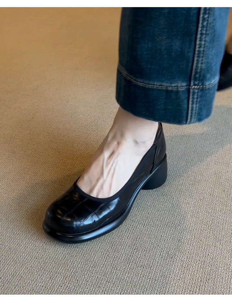 Vintage Shallow Mouth Single Shoes for Women, Round Toe, Chunky Heel, Slip-On Mary Jane Shoes, British Style Small Leather Shoes