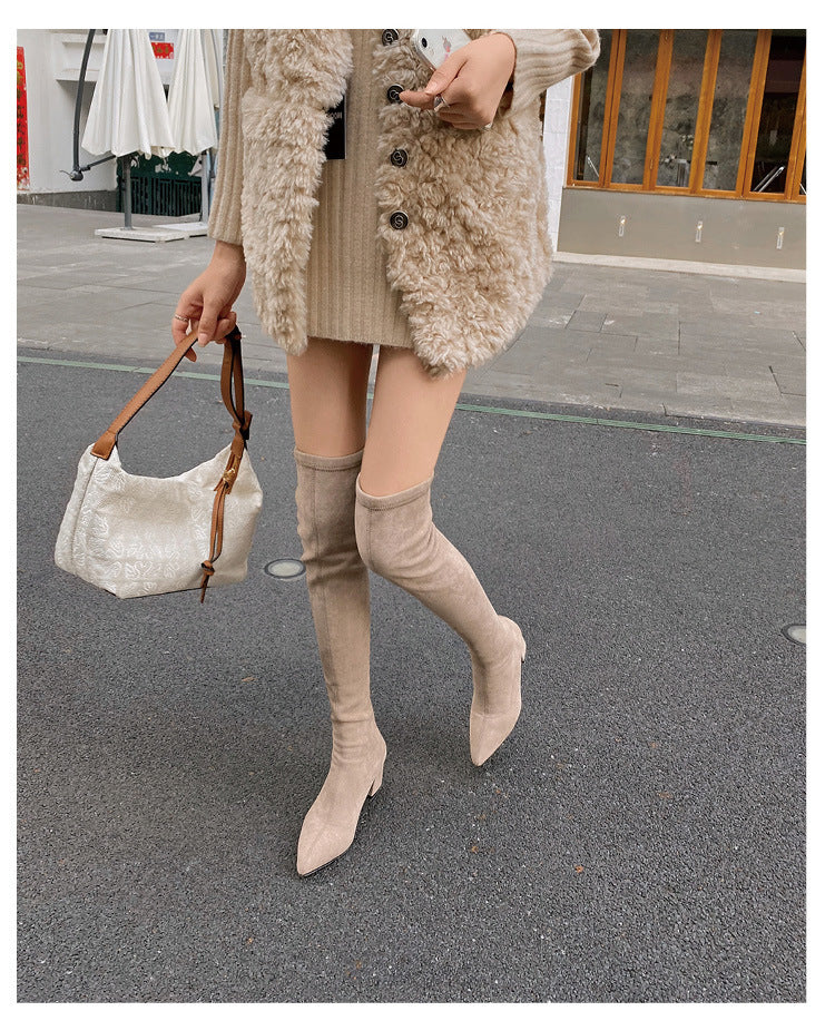 Long Boots for Women, Stretch Long Boots, Pointed Toe High Heel Boots, Over-the-Knee Boots, Suede High Boots, Khaki Color