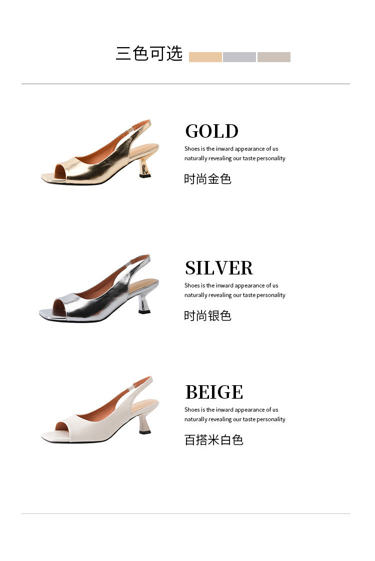 French Style Simple Open Back Peep Toe High Heels Elegant Slim Mid Heel Stiletto Sandals for Women Summer2024New