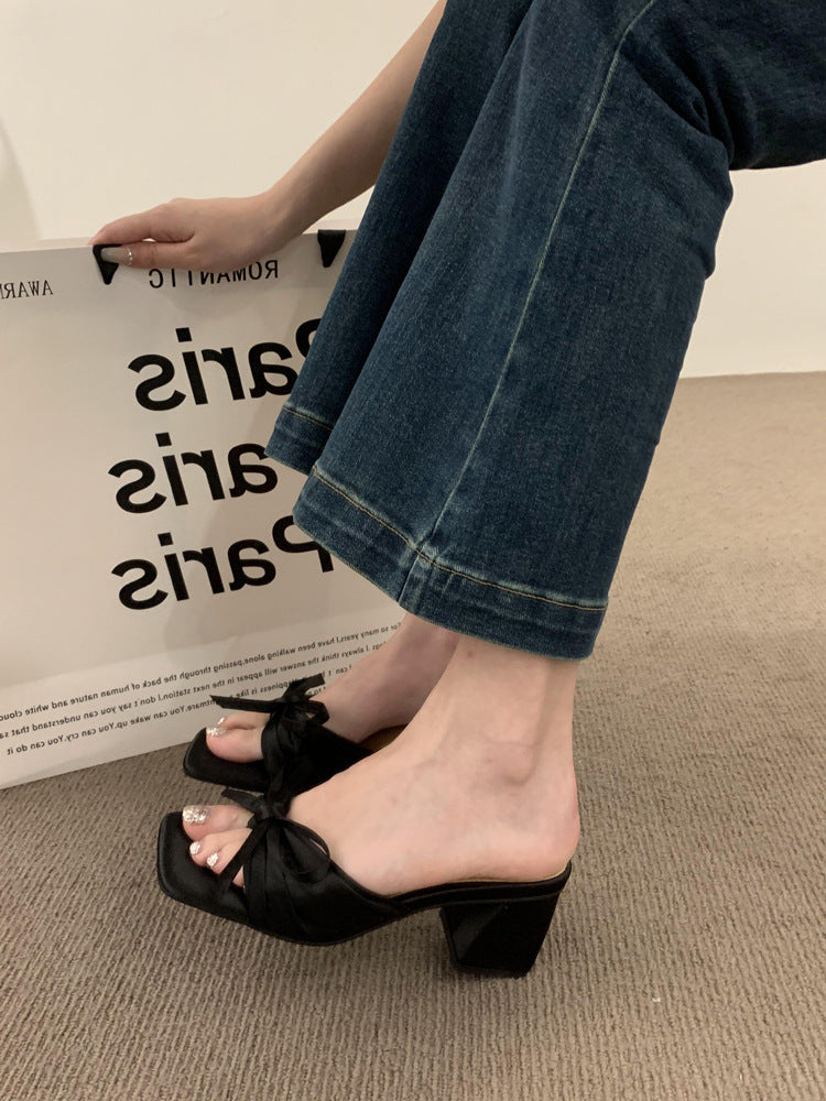 French-style High-end Satin Bow Thick Heel Sandals for Women2023New summer open-toe high heels