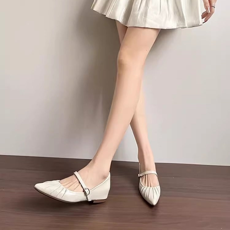 Height Increasing Insole Women's Shoes2024Summer New Retro One-Strap Mary Jane Pleated Pointed Toe Shoes