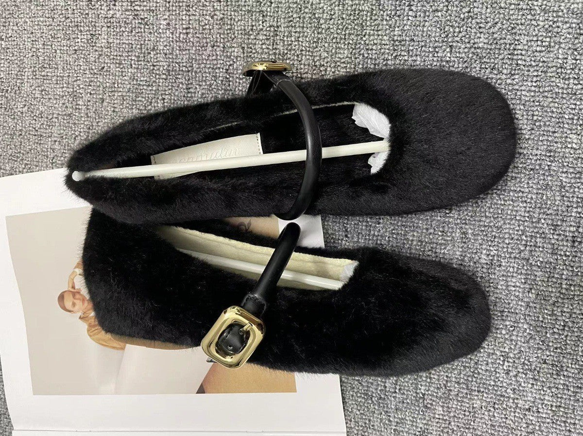 Fairy Style Internal Height Increase5cm Mary Jane Furry Shoes for Women2024New autumn and winter plush single shoes