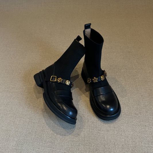 Thick-Soled Metal Buckle Elastic Short Boots Retro College Style Knitted Slim Boots Women Versatile Loafers Sock Boots