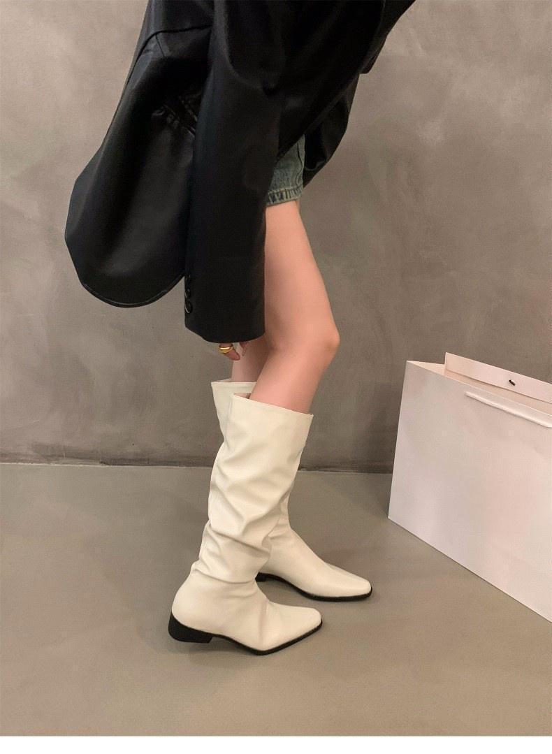 Chunky Heel Ruched Slouchy Long Tube Riding Boots for Women2024New Spring and Autumn Western Slim Mid-Calf Long Boots