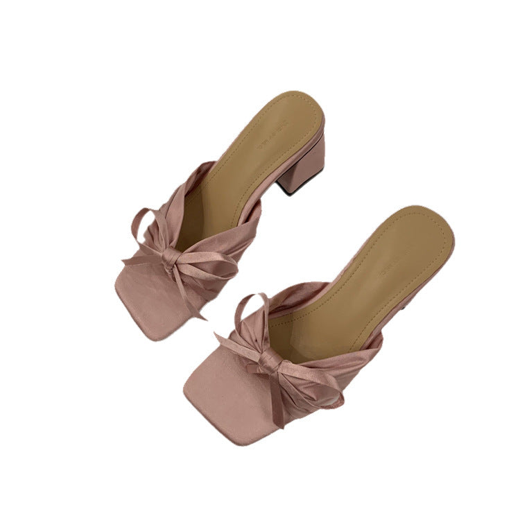 French-style High-end Satin Bow Thick Heel Sandals for Women2023New summer open-toe high heels