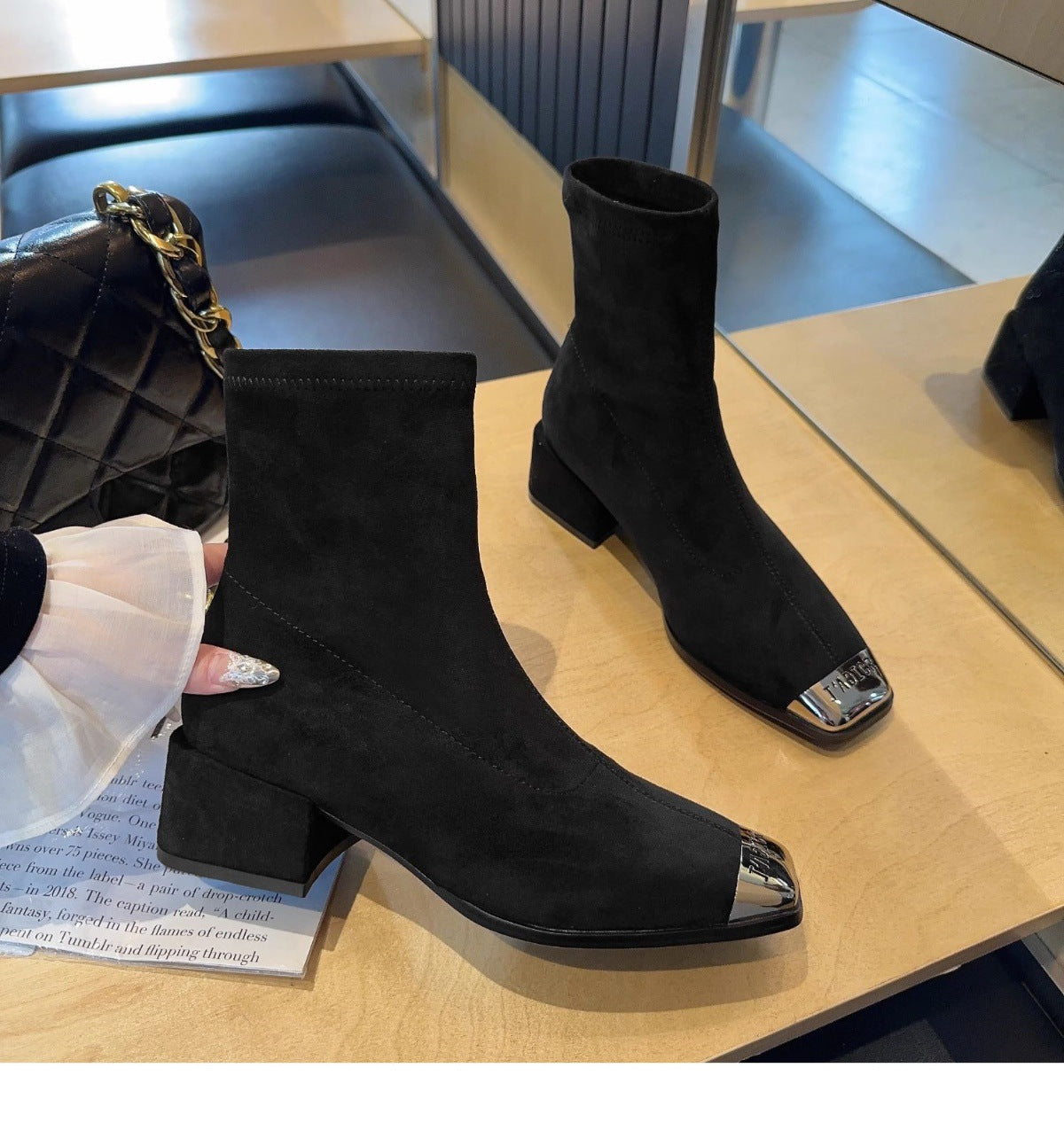 Women's Suede Ankle Boots2024Autumn New Fashionable Chunky Heel Metal Square Toe Mid-Heel Stretch Slim Sock Boots