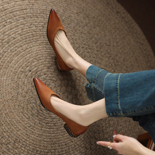 French Retro Color-Washed Pointed Toe Shallow Mouth Women's Shoes2023Spring new style comfortable soft leather thick heel low heel shoes
