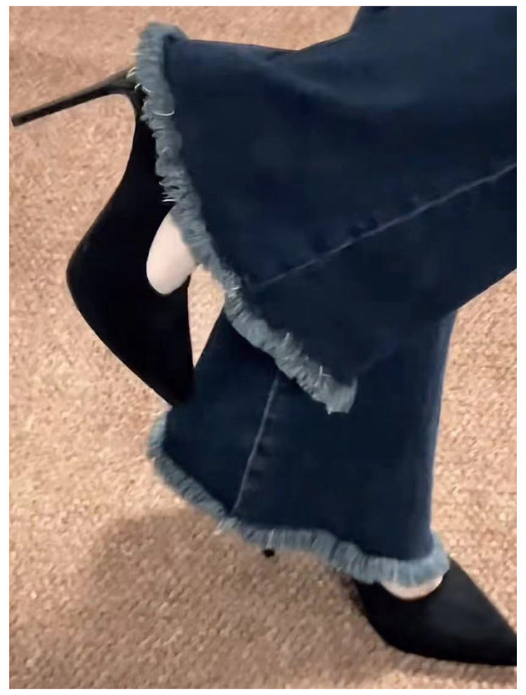 2024Autumn French Style Black Suede Pointed Toe Stiletto Thick Sole Waterproof Platform High Heels for Women, Unique Design, Suitable for Dresses, Single Shoes