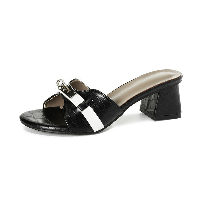 Small Gold Buckle Crocodile Pattern Korean Style One-Strap High Heel Slippers for Women Summer Soft Sole Beach Mid-Heel Sandals for Outdoor Wear