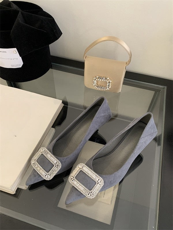 French pointed toe high heels stiletto single shoes for women2025Spring and Autumn New Style Cat Heel Elegant Rhinestone Black Work Shoes