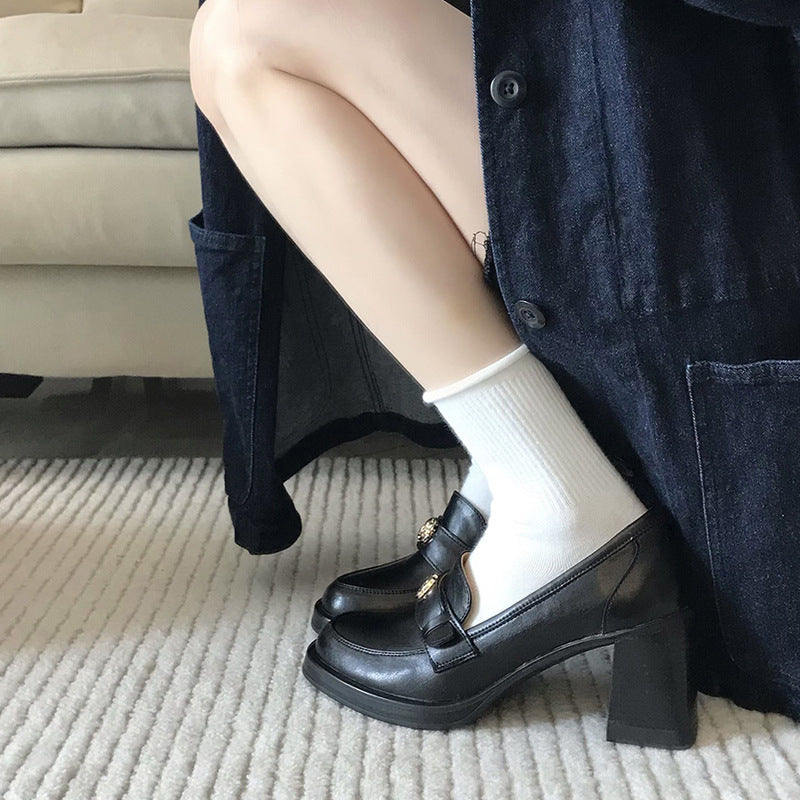 Camellia Loafers for Women2024New French Style Chunky Heel Black High Heel British Style Small Leather Shoes