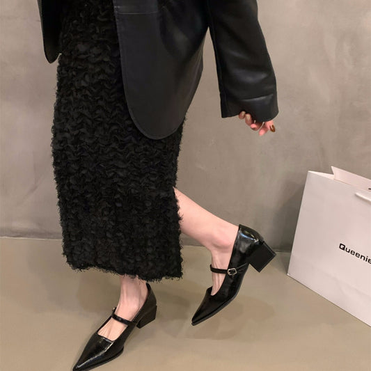 French style mid-high heel black pointed toe women's shoes2024New Spring Autumn Winter Mary Jane Evening Shoes