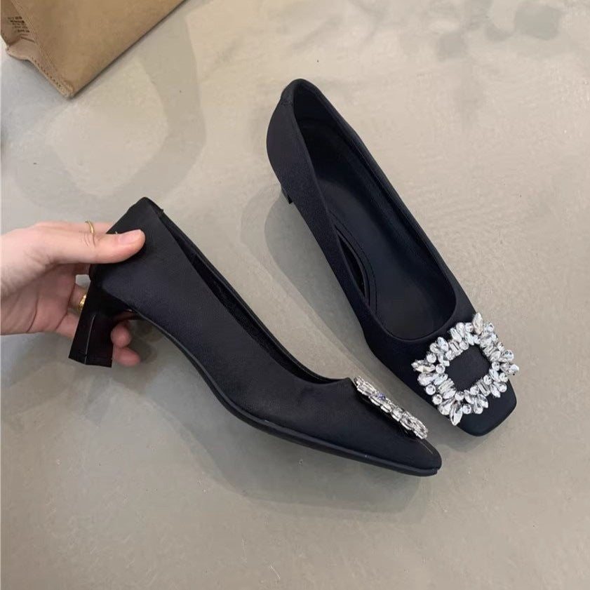 Elegant High Heels for Women2025New Year's New French Elegant Evening Style Rhinestone Square Toe Shallow Mouth Thick Heel Commuting Women's Shoes