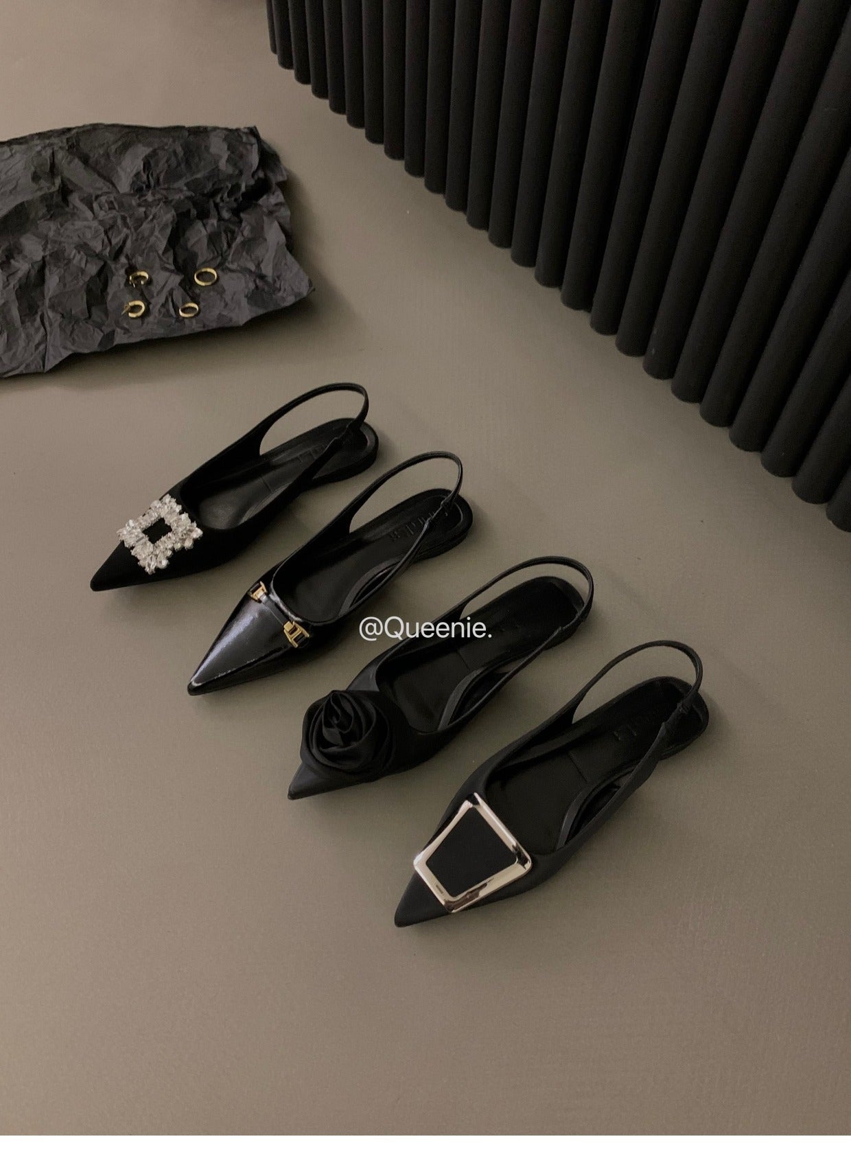 French flat black closed-toe sandals fairy shoes2025New spring and summer pointed toe rhinestone elegant shoes