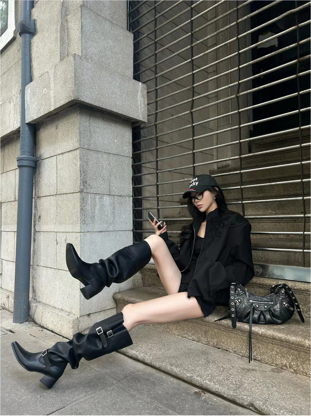 Korean Style Large Tube Pile Boots for Women with Chunky Heels, Over-the-Knee Boots2024Autumn Belt Buckle Western Boots Fashion Long Boots