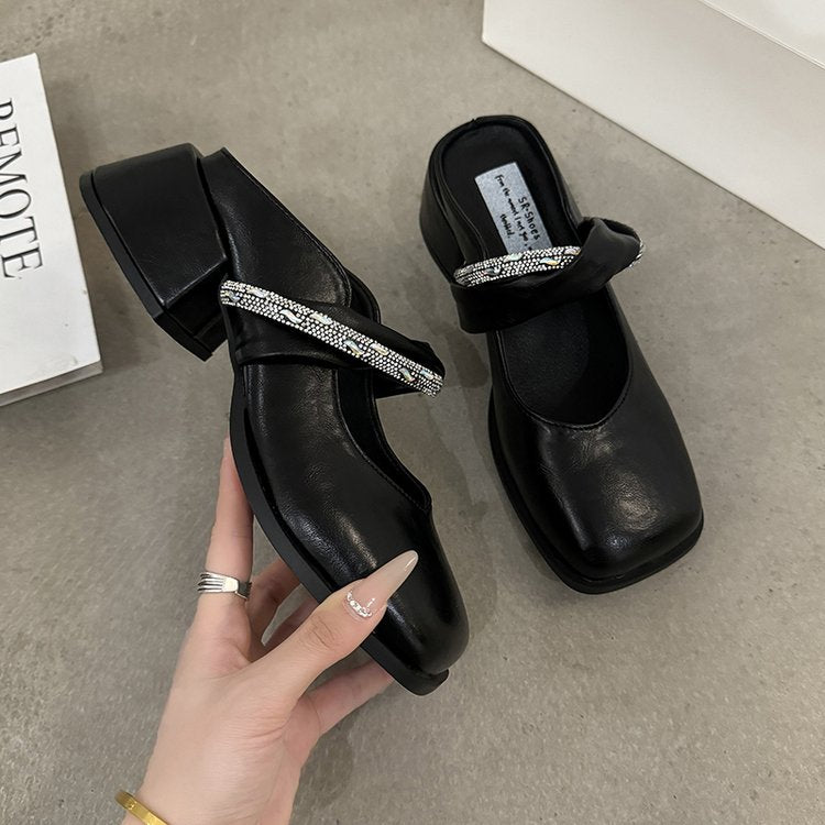 Middle Heel(3-5cm)Slippers PU Closed Toe Chunky Heel Rubber