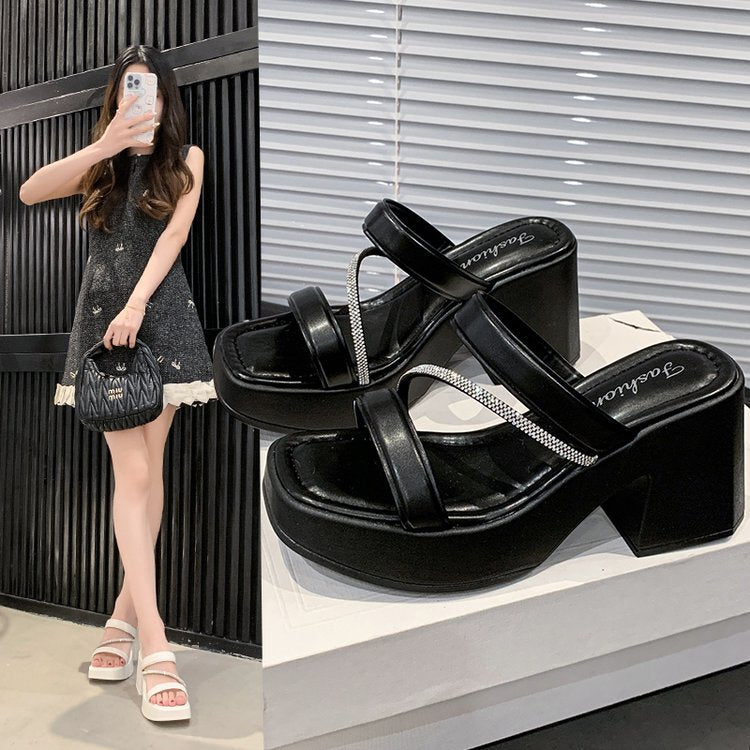 Solid Color Rubber Chunky Heel PU High Heel Slippers