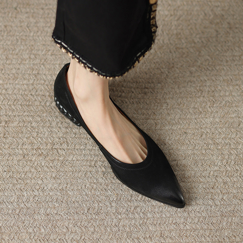 French Retro Color-Washed Pointed Toe Shallow Mouth Women's Shoes2023Spring new style comfortable soft leather thick heel low heel shoes