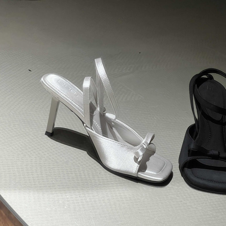 Ankle Strap silver Satin Bow High Heel Sandals Thin Heel Open Toe Women's Sandals Elegant
