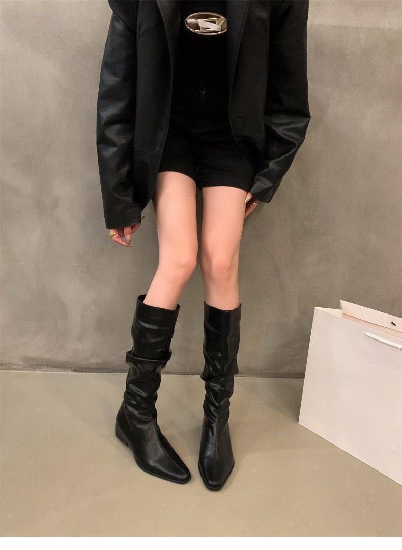 Chunky Heel Ruched Slouchy Long Tube Riding Boots for Women2024New Spring and Autumn Western Slim Mid-Calf Long Boots