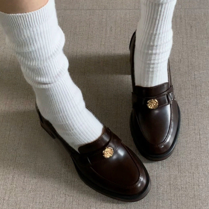 Camellia Loafers for Women2024New French Style Chunky Heel Black High Heel British Style Small Leather Shoes