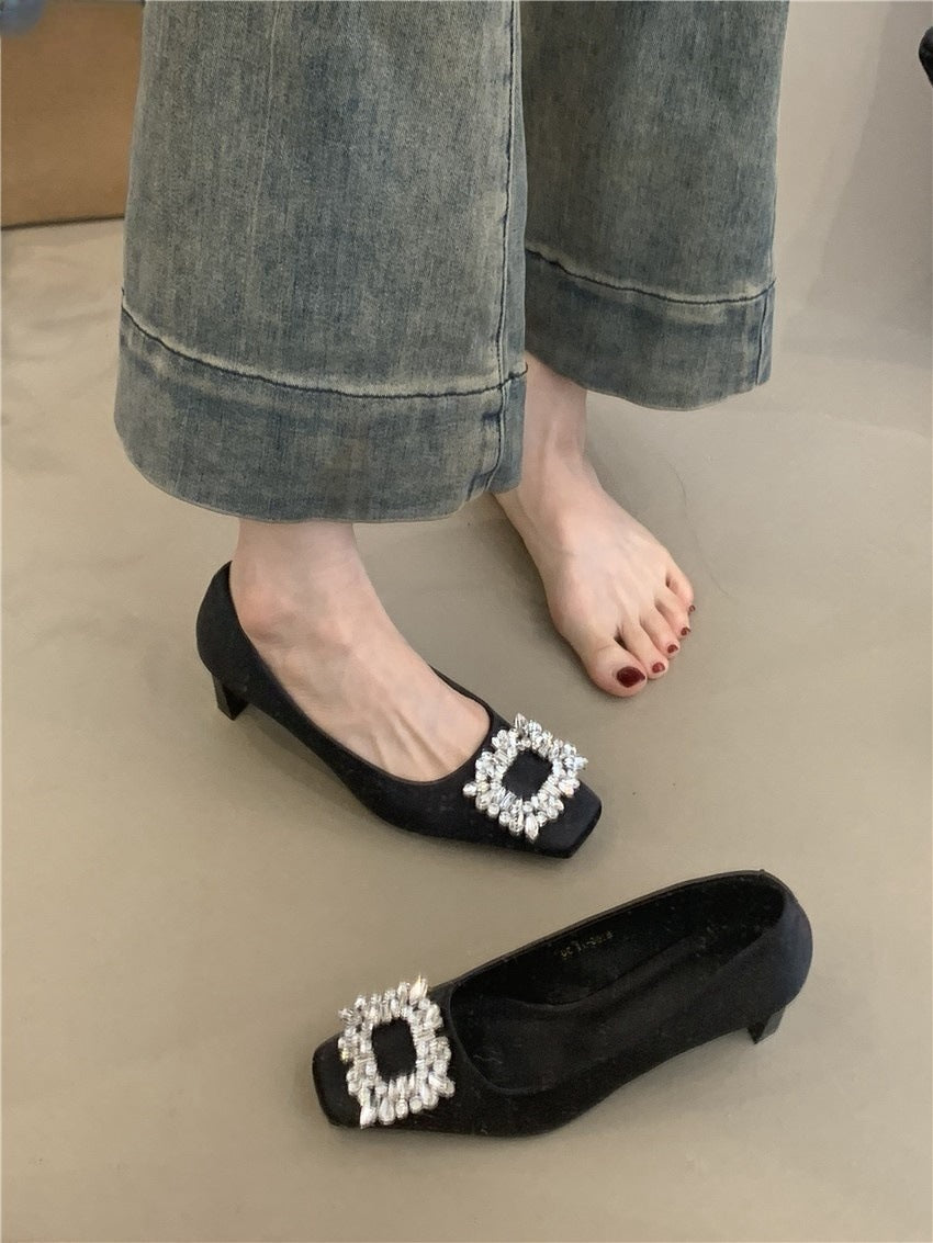 Elegant High Heels for Women2025New Year's New French Elegant Evening Style Rhinestone Square Toe Shallow Mouth Thick Heel Commuting Women's Shoes
