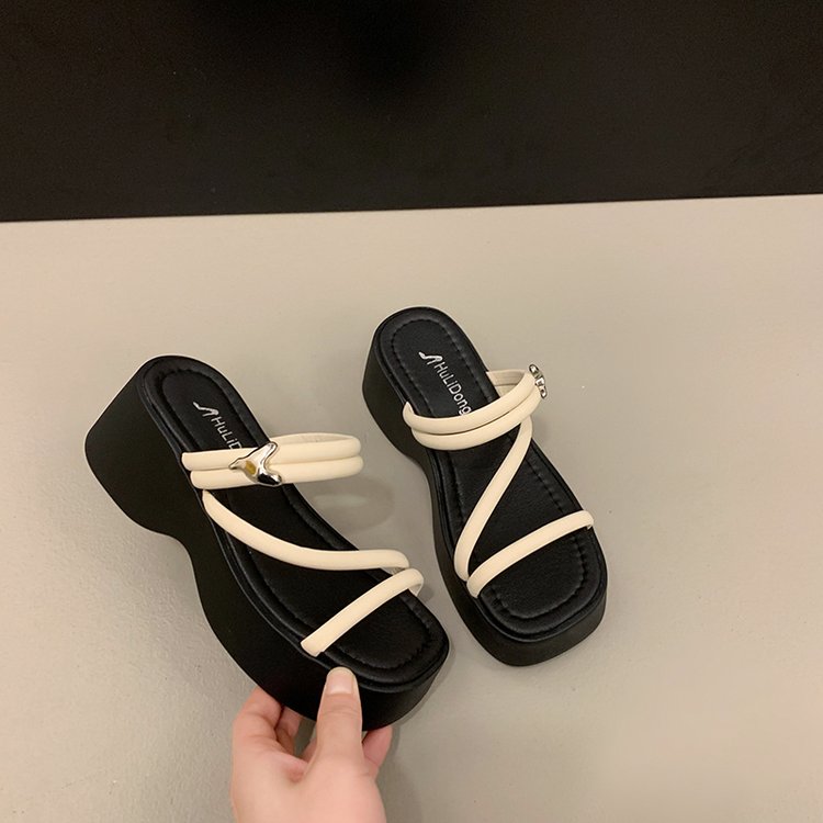 Solid Color Platform Sole Slippers PU Rubber mid-heel(3-5cm)